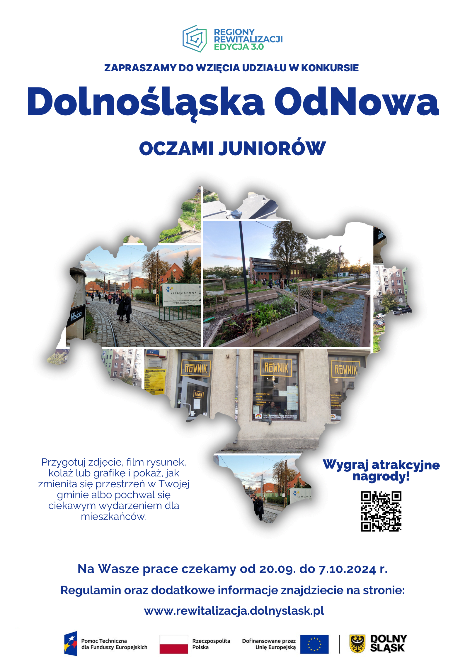 plakat konkursu „Dolnośląska OdNowa oczami juniorów" przedstawia zarys województwa i zdjęcia różnych przestrzeni miejskich i wiejskich